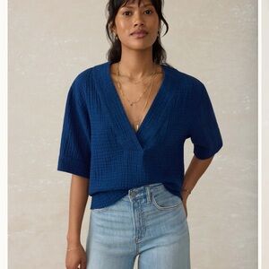 NWT Faherty Dune Cotton Gauze Short Sleeve Popover Top Shirt Dark Indigo Wash XL